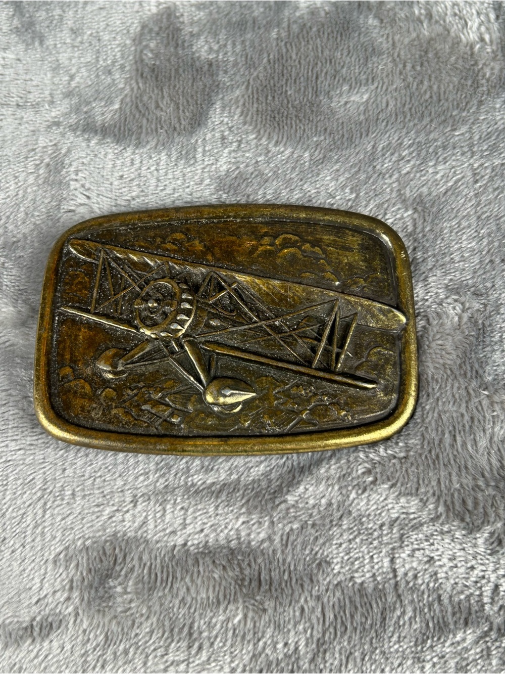 Vintage Brass ? Belt Buckle BiPlane Airplane By Avon Patina Retro 70s‎
